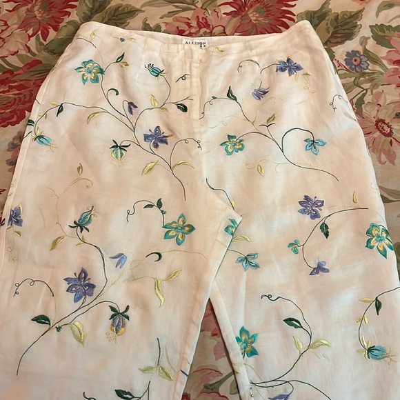 ALLISON TAYLOR size 12 Embroidered Floral Vine Crop Pant Lined Linen Elegant - Picture 8 of 12